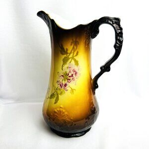 Antique Warwick China Pitcher Hand Painted Floral Embossed Ewer 10” 1905-1920